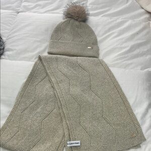 Calvin Klein Beige Knit Hat and Scarf Set